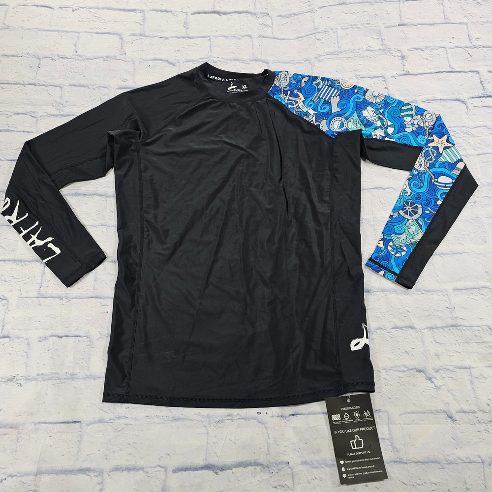LAFROI Rash Guard Men XL Black Blue Graphic Sleeve UPF 50 Long Sleeve Swim Shirt